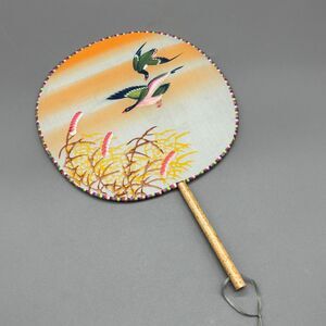 Vintage Chinese Silk Bamboo Round Hand Fan Mandarin Ducks Reeds Paddle 8" Wide